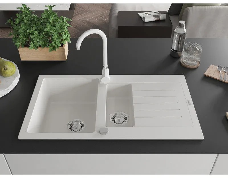 Mexen Matias, 1,5-komorový granitový drez s odkvapkávačom 90x50 cm a kuchynskou batériou Telma, biela, 6502-20-670200-20
