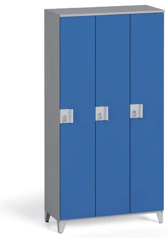 Šatníková skriňa S4, 3 oddiely, 1750 x 900 x 400 mm, demont, otočný zámok, sivá/modrá