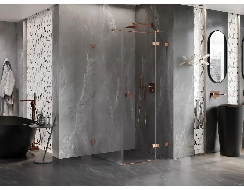 Mexen Lunar T, výklopný sprchový kút pravý 120 x 120 cm, 8mm číre sklo, profil ružové zlato, 834T-120-120-60-00-P