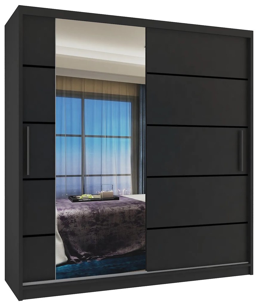 Šatníková skriňa 158 cm Belini čierny mat s posuvnými dverami zrkadlom a zásuvkami MBP SZP7/0/B/B/0/KLP