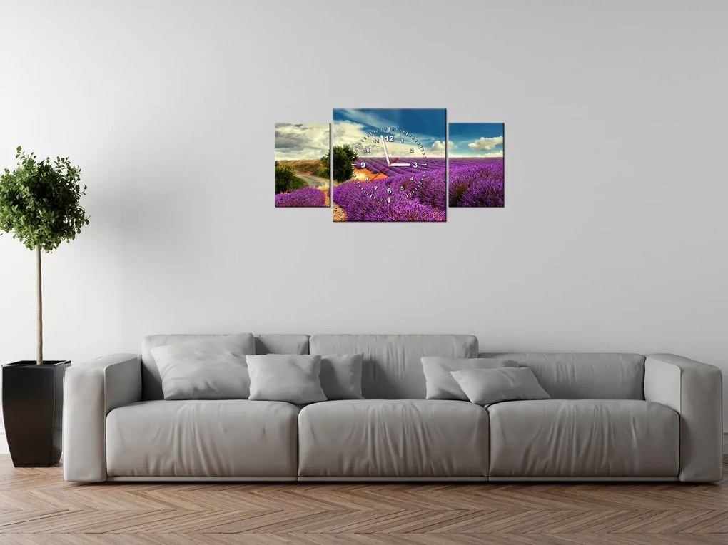 Gario Obraz s hodinami Čarovná levanduľová krajina - 3 dielny Rozmery: 80 x 40 cm