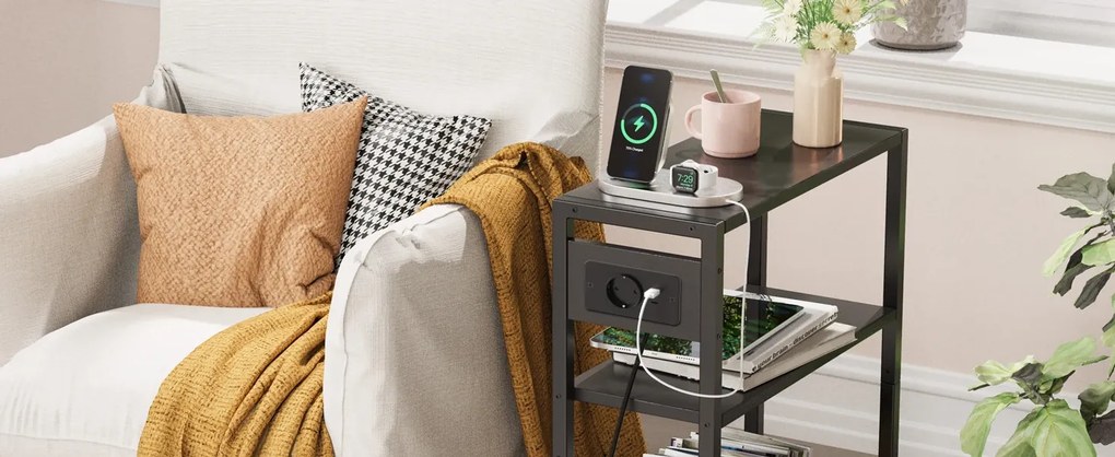 Odkládací stolek s nabíjecí stanicí a USB Houseland Qler černý