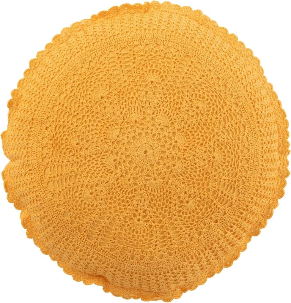 Žltý okrúhly bavlnený vankúš s čipkou Lace ochre - Ø 38*12cm