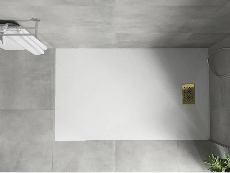 Mexen Hugo, obdĺžniková sprchová vanička SMC 140 x 90 cm, biela, zlatá krytka, 42109014-G