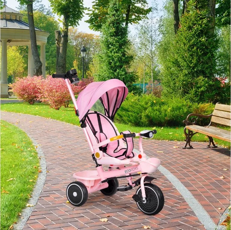 Trojkolka 2v1 otočné sedadlo a skladacia strieška ružová - ECOTOYS