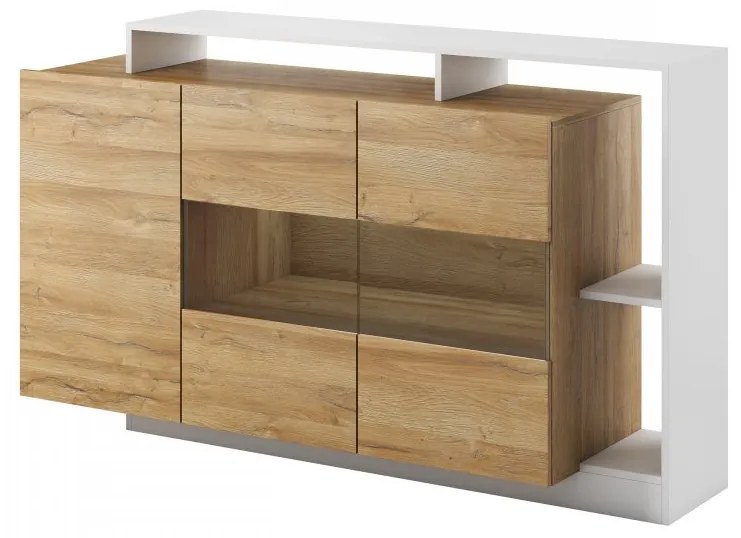 Komoda Tauron, Farby: biela / dub grande, Osvetlenie: osvetlenie LED