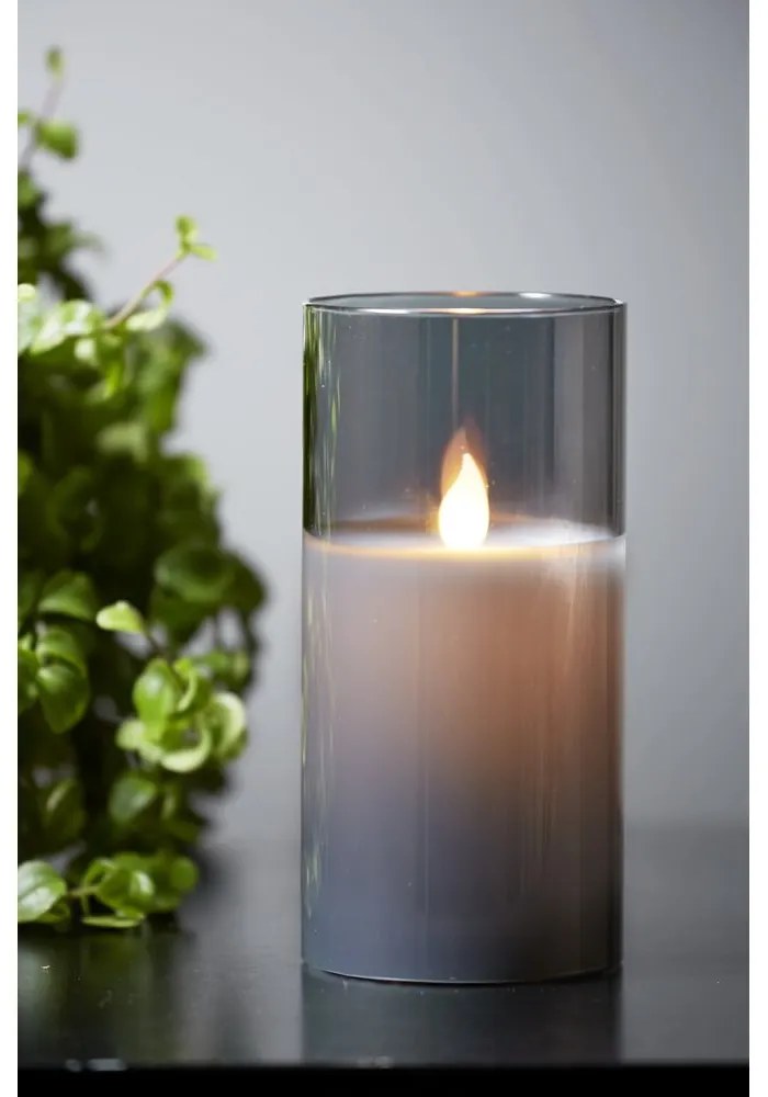 Sivá LED vosková sviečka v skle Star Trading M-Twinkle, výška 15 cm