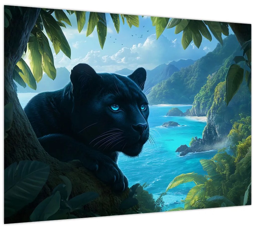 Sklenený obraz - Čierny panter v džungli (70x50 cm)