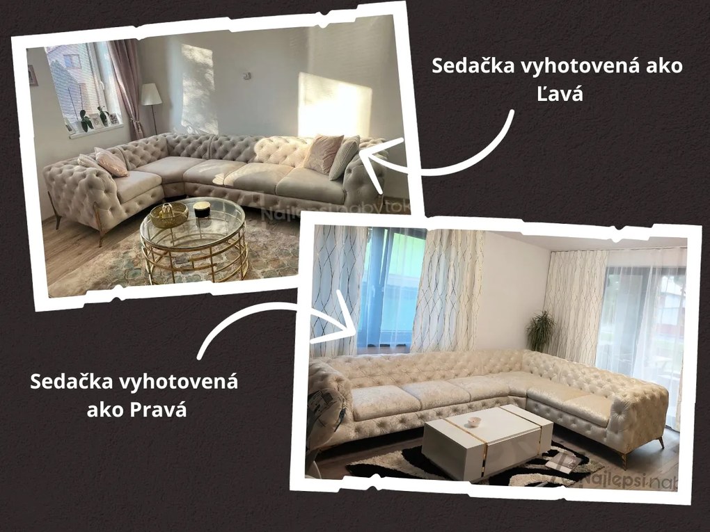 ROHOVÁ SEDAČKA CHESTERFIELD LARISSA PRAVÁ - ĽAVÁ BÉŽOVÁ ZAMATOVÁ LÁTKA 323 X 204 cm