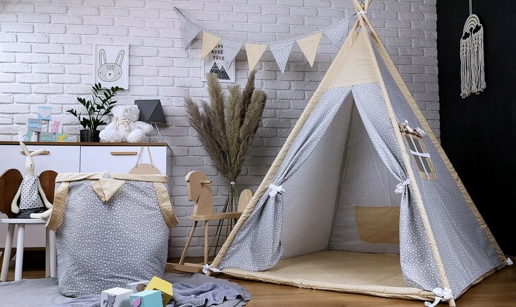 Detský kôš na hračky STARS - šedý/béžový