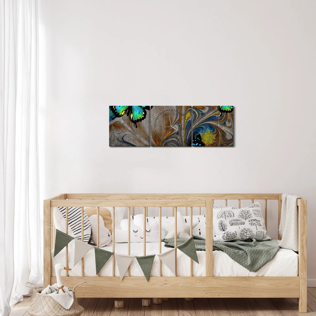 Obraz - Žiariví motýle na obraze (s hodinami) (90x30 cm)