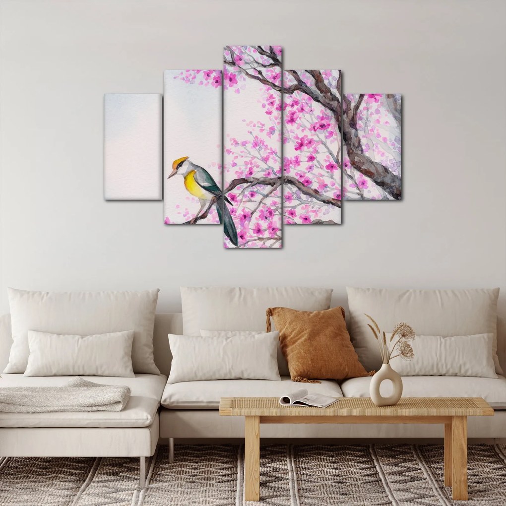 Obraz - Vtáčik na strome s ružovými kvetmi (150x105 cm)