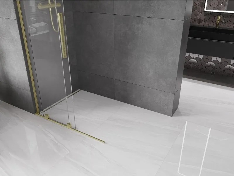 Mexen Velar L, posuvná sprchová zástena Walk-in 110 x 200 cm, 8mm číre sklo, zlatá matná, 871-110-003-03-55