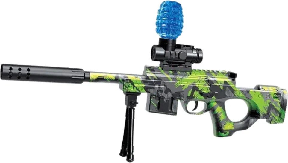 LEAN Toys Puška AWM na vodné guľôčky hydrogél zelená okuliare 61 cm