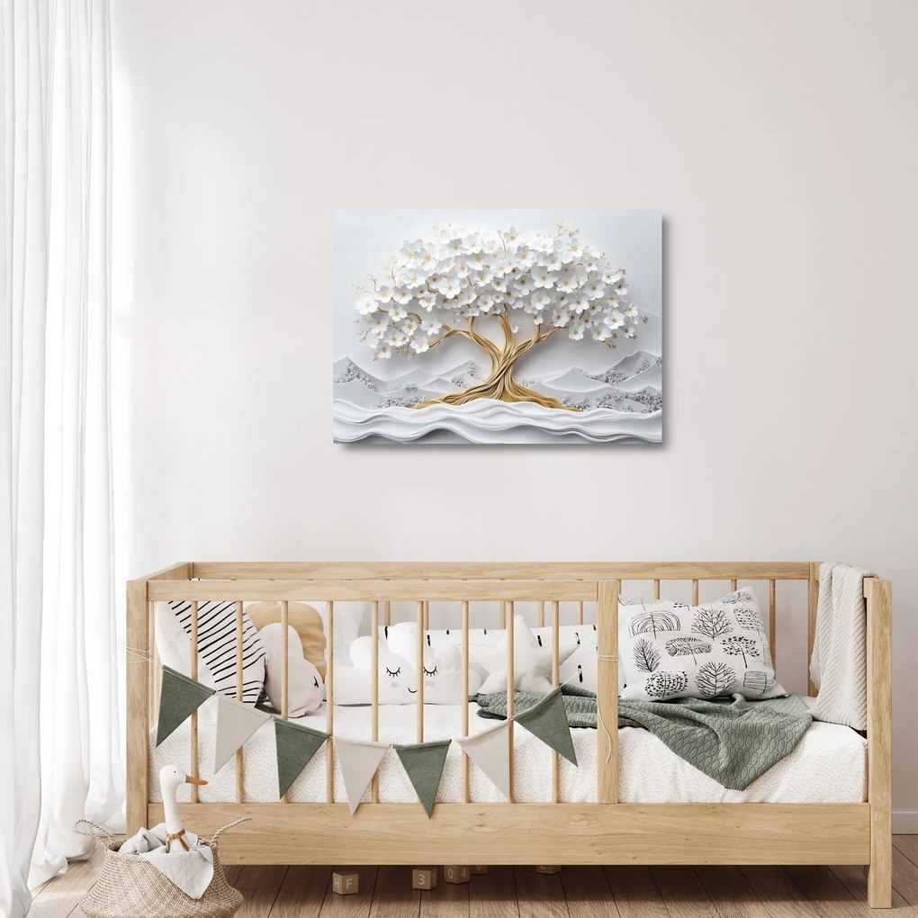 Sklenený obraz – 3D elegantný strom života plný kvetov (70x50 cm)