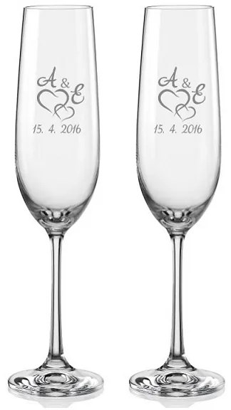 Svadobné poháre na sekt Spojená srdce s monogramy, 2 ks