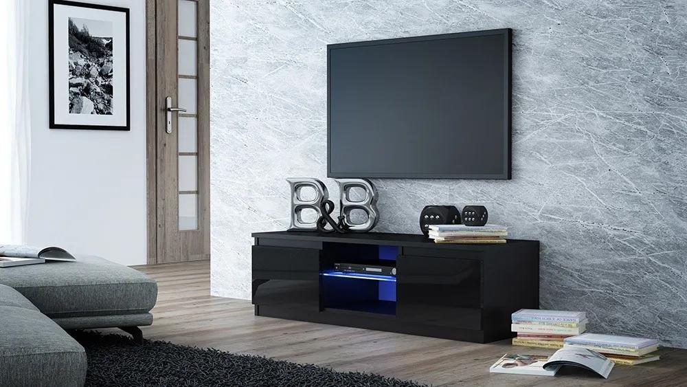 Televizní stolek DELUKO se skleněnou policí 120 cm černý lesk