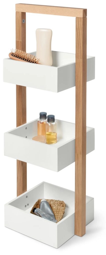 Stojací regál s 3 úložnými boxmi, biely