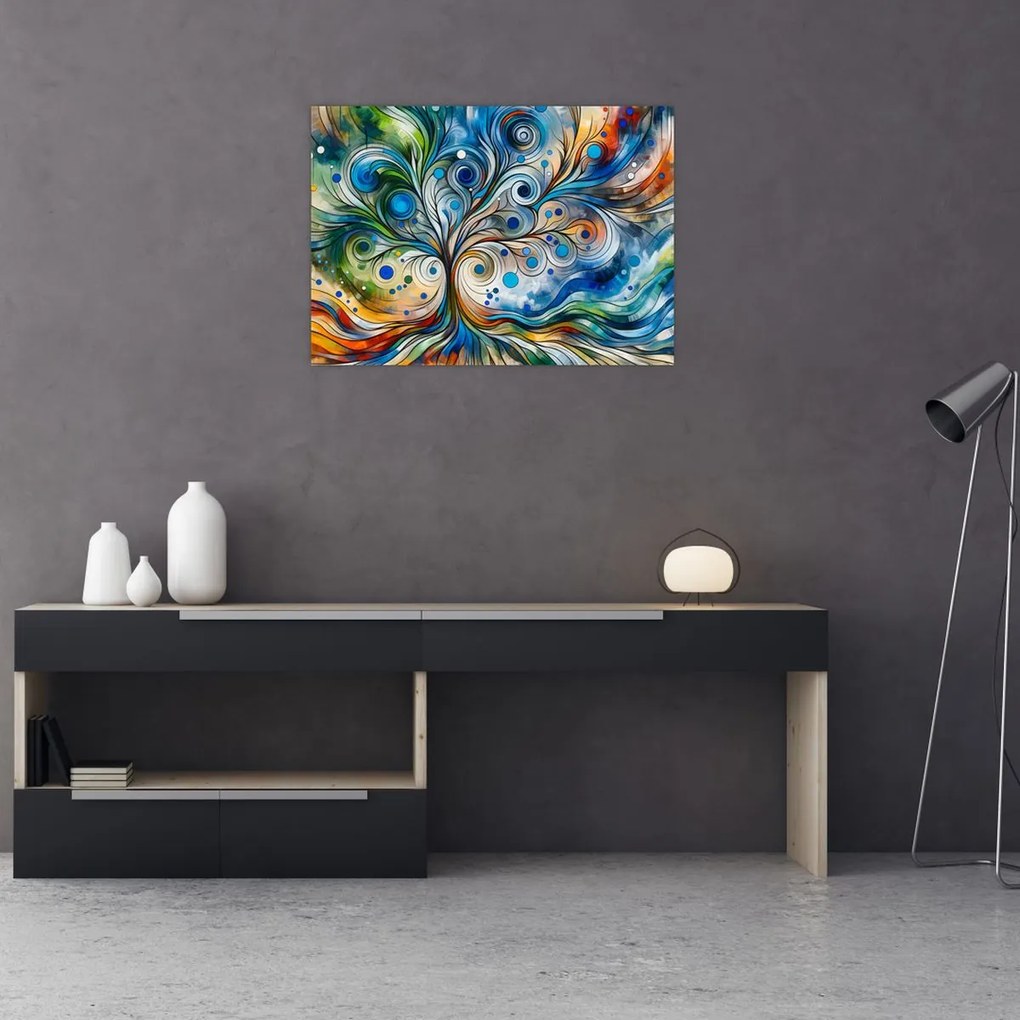Sklenený obraz – Farebný energetický strom (70x50 cm)