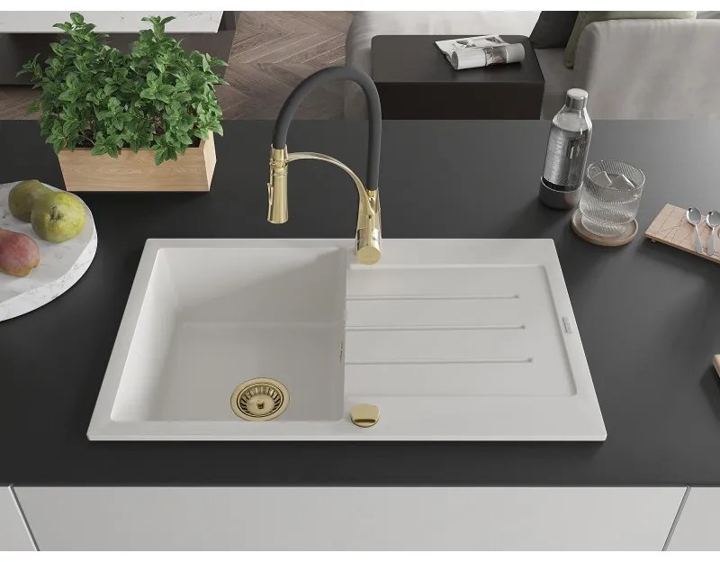 Mexen Bruno, 1-komorový granitový drez 795x495x200 mm a drezová batéria Aster, biela, 6513-20-73450-57-G