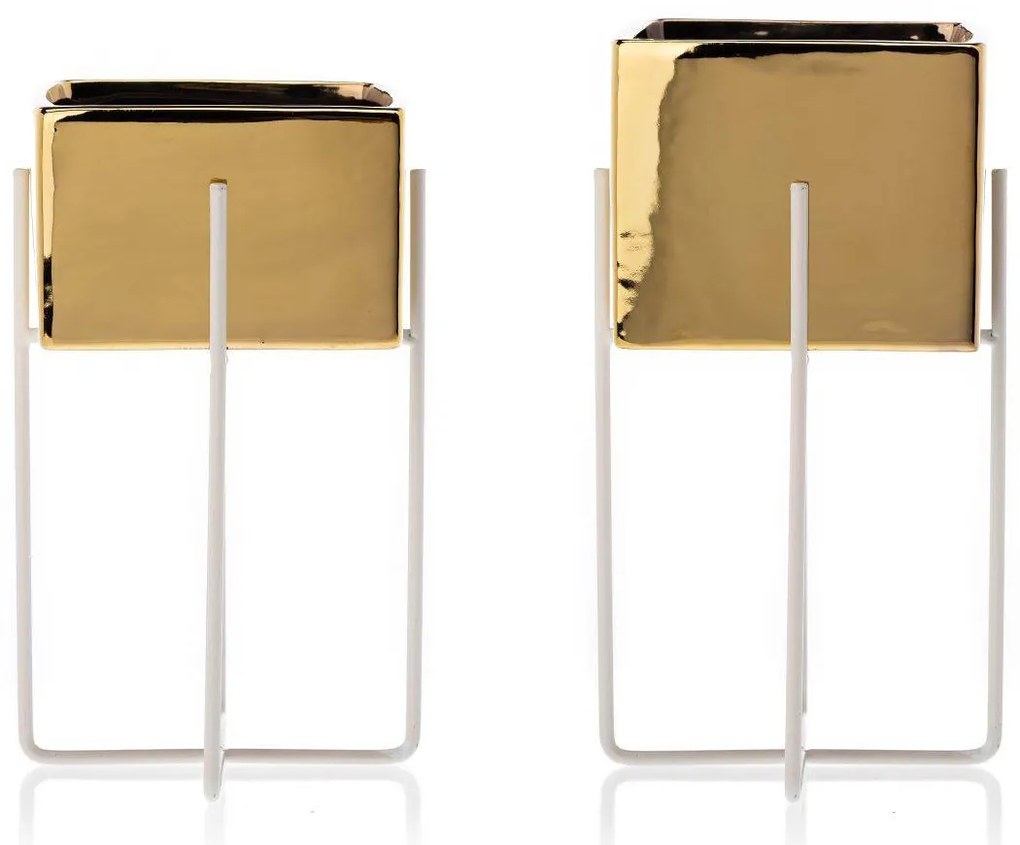 KERAMICKÝ KVETINÁČ SO STOJANOM MIZU 20,5X12 CM ZLATÁ/BIELA