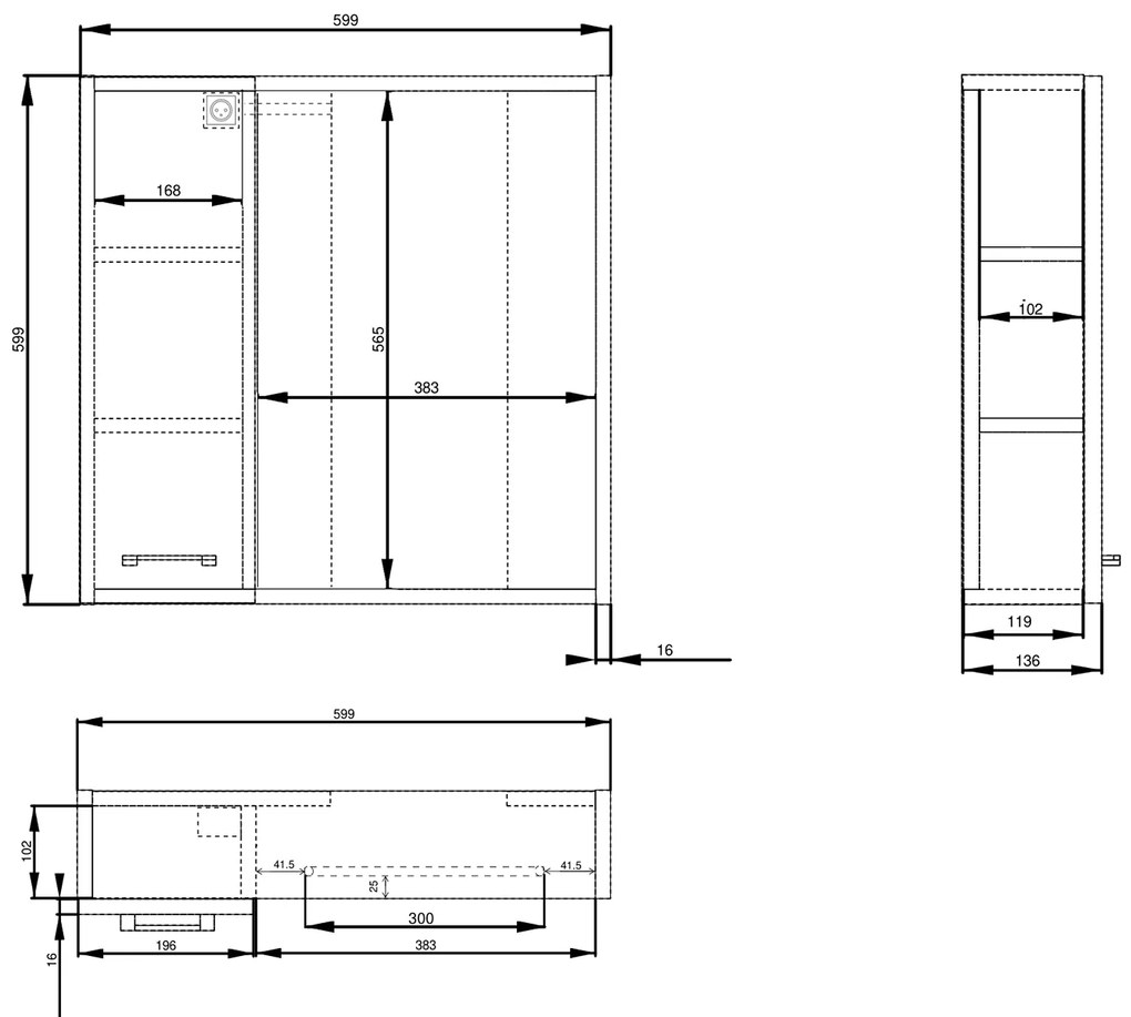 Aqualine Aqualine, ZOJA/KERAMIA FRESH STRIP galérka s LED osvetlením, 60x60x14cm, ľavá, biela, 45021S