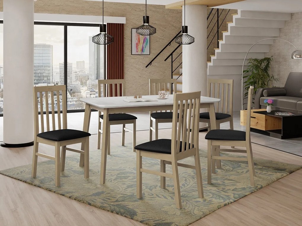 Rozkladací stôl so 6 stoličkami AL16, Morenie: biela, Poťahové látky: Hygge D91, Farby nožičiek: čierna