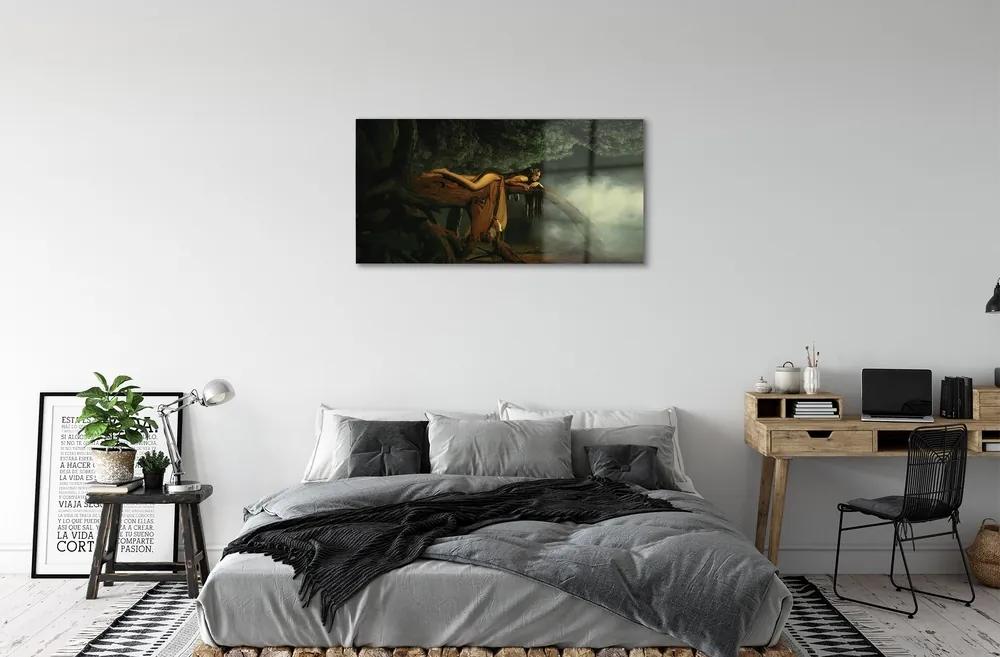 Sklenený obraz Žena strom mraky 125x50 cm