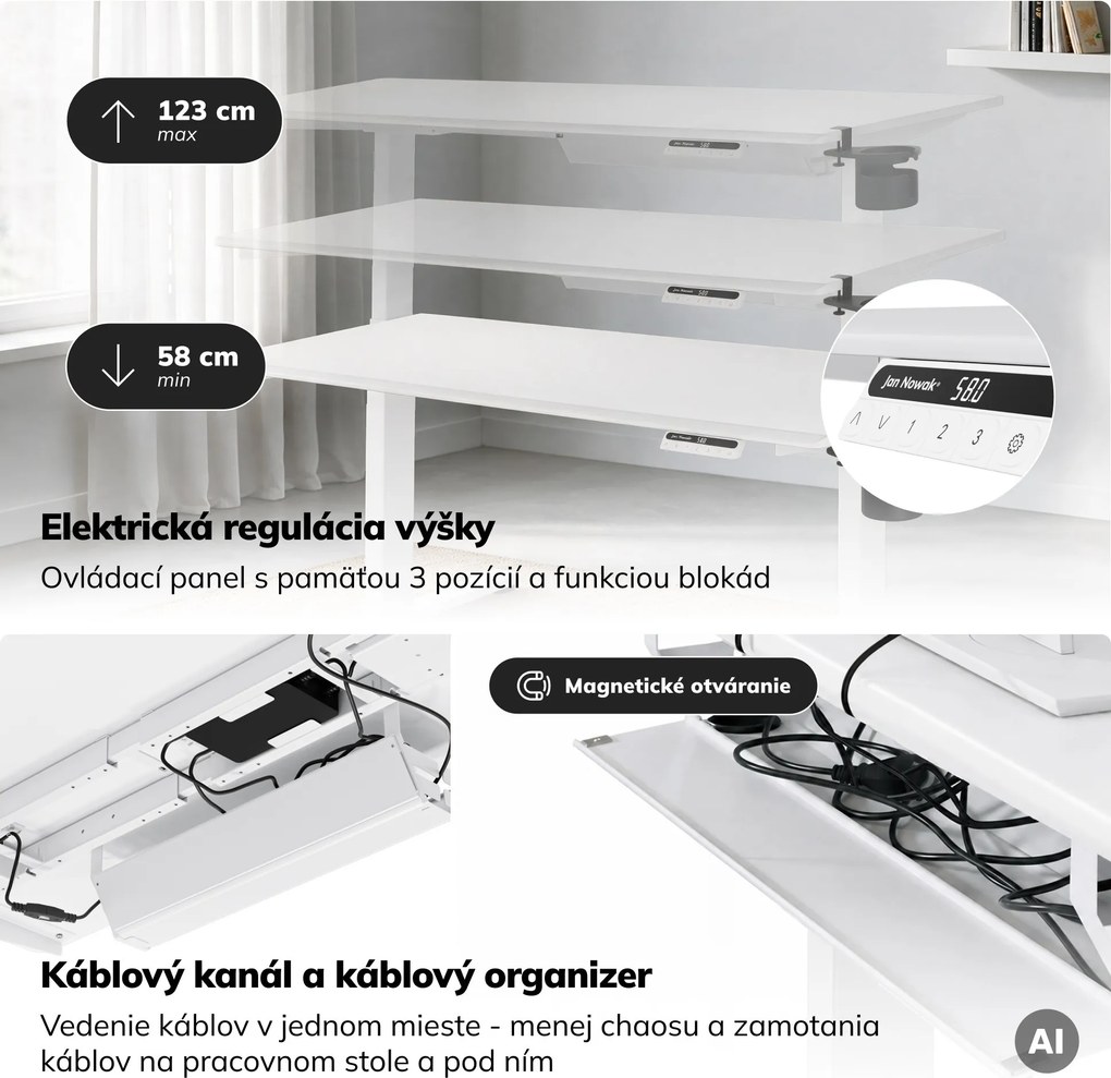 Elektrický stôl s nastaviteľnou výškou ergonomický biely,1400x700 mm: ARIA