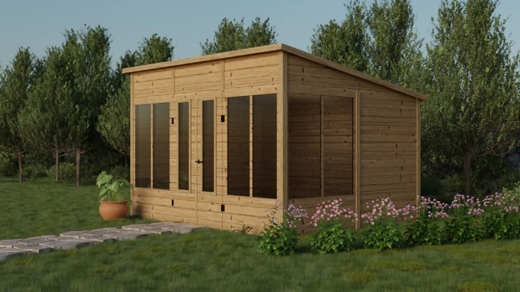 Drevený domček PAMPA XL s pultovou strechou (3,2 × 3,95 m)