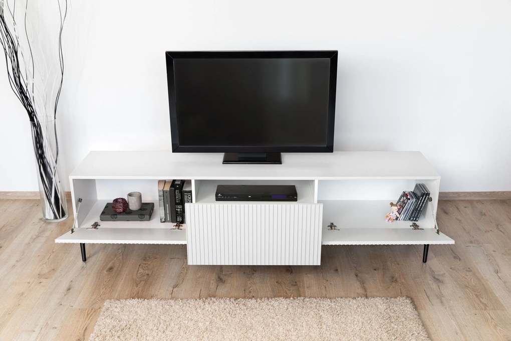 TV stolík Nicole 200 cm - biely mat / čierne nožičky