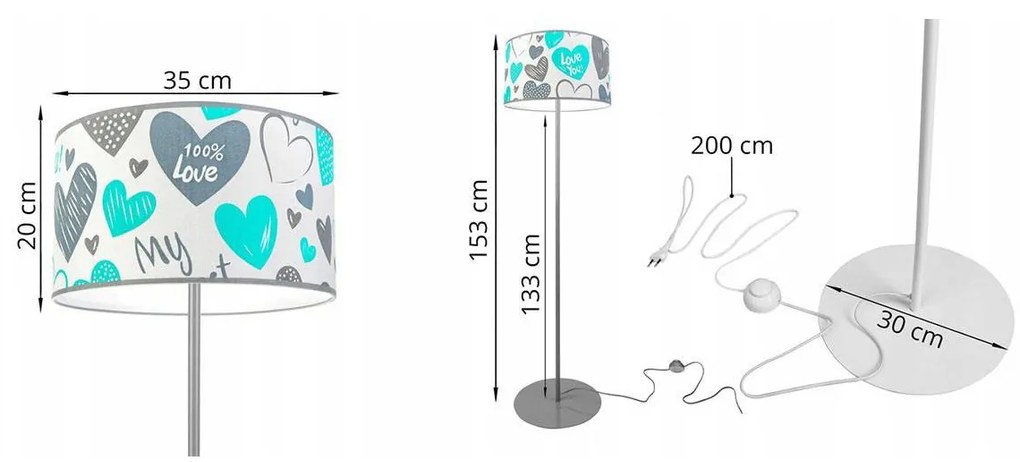 Detská Stojacia lampa Heart, 1x biele textilné tienidlo so vzororm, (výber z 2 farieb konštrukcie), o, b