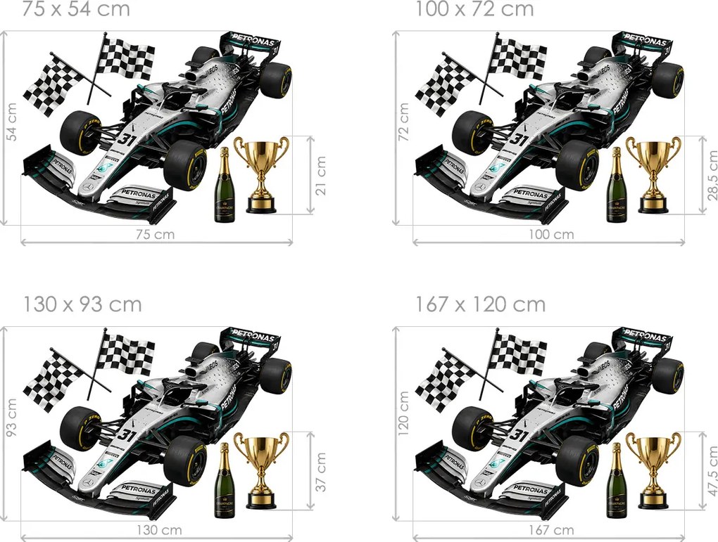 Strieborná a čierna Formule 1 textilní prelepiteľná nálepka na stenu list 75 x 54 cm
