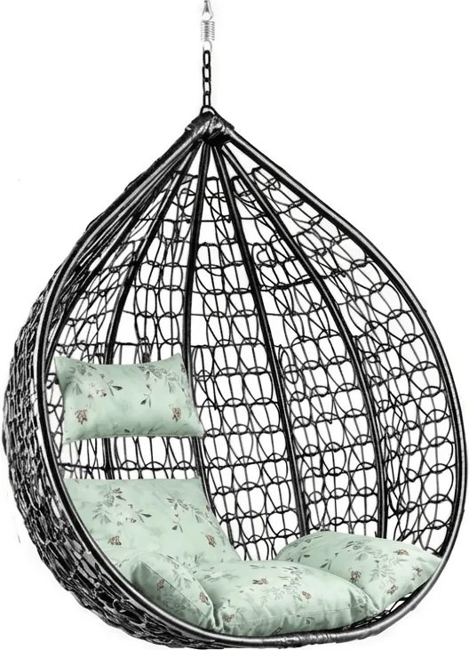 Čierne závesné kreslo KOKON bez stojanu, svetlozelený vankúš so vzorom