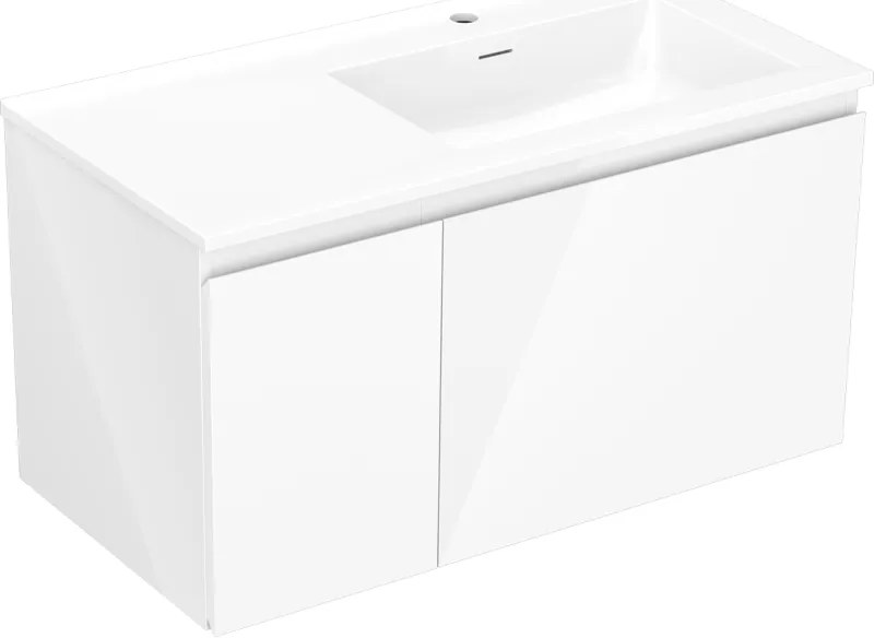 Mexen Orio, kúpeľňová skrinka 90 cm s pravým umývadlom Otis, 1S, 1D, biela lesklá, 91A13-09047-3-BBFF00-W18P00
