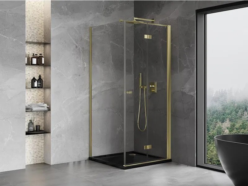 Mexen Mist-F T, 1-krídlový skladací sprchový kút pravý 95 x 95 cm, číre sklo, zlatý lesklý profil, 8A6T-095-095-50-00-P