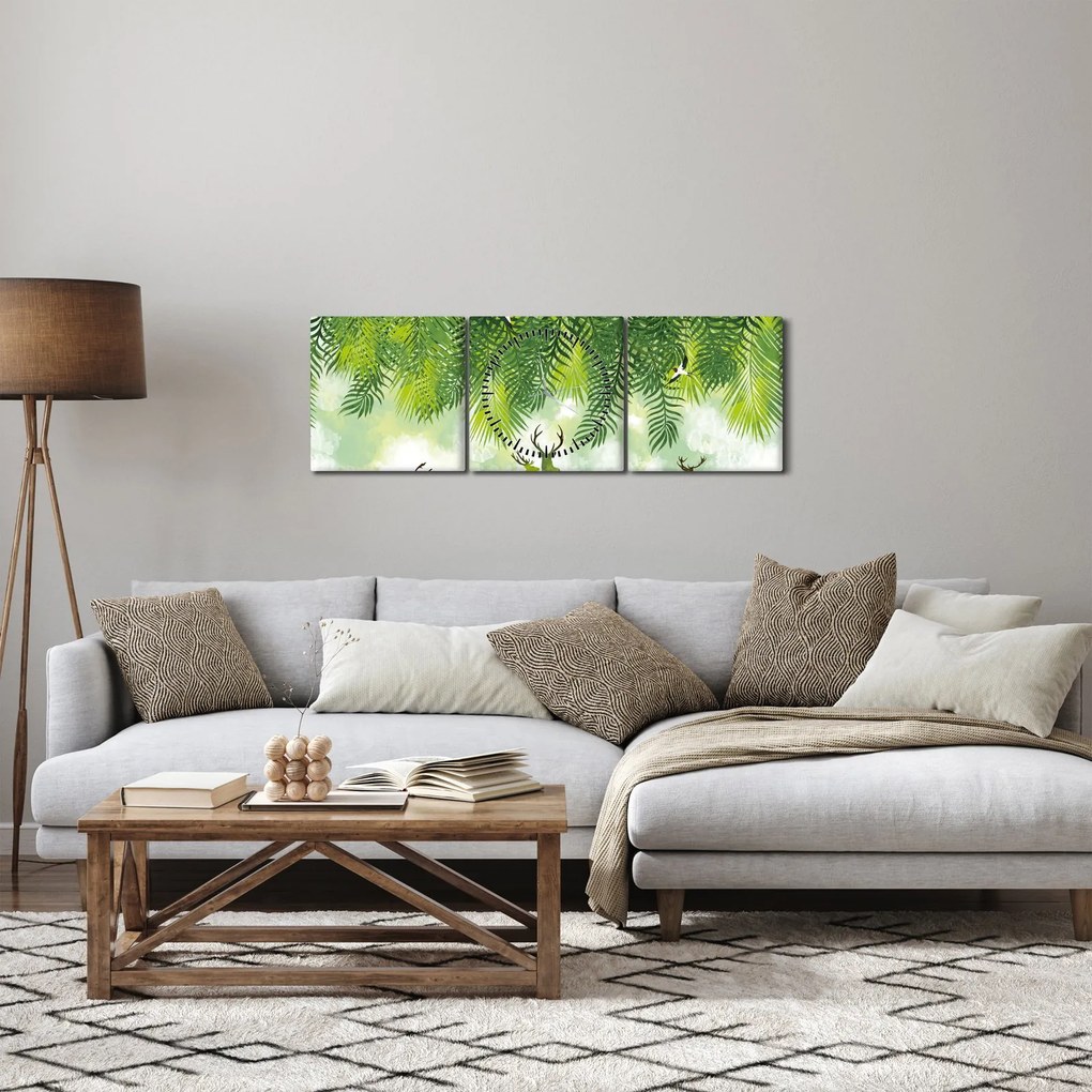 Obraz - Jelene v lese (s hodinami) (90x30 cm)