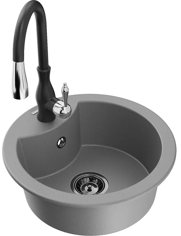 Mexen Diego, 1-komorový granitový drez 488x488x167 mm a drezová batéria Savita, šedá, 6512-71-672601-70-B