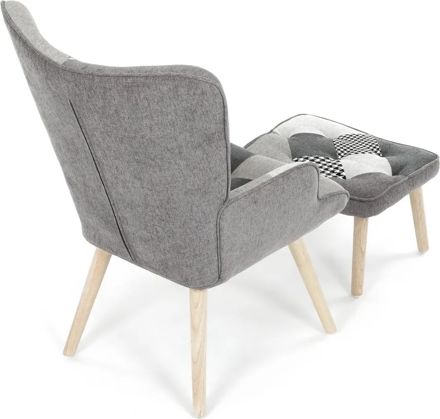 Relaxačné kreslo ušiak LISA + taburet — masív, látka, čiernobiely patchwork