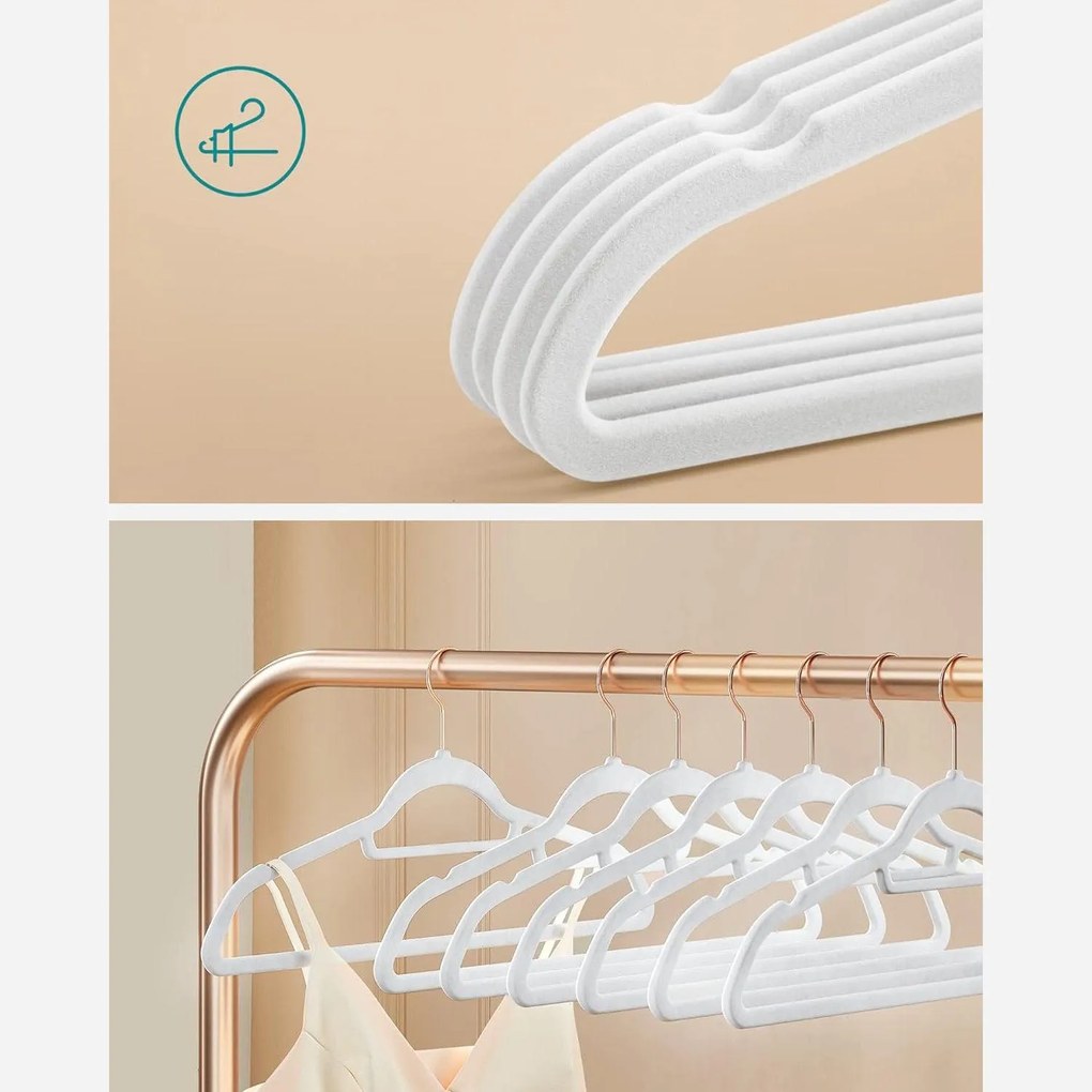 Zamatové vešiaky, sada 30 ks, s rose gold háčikmi, farba biela