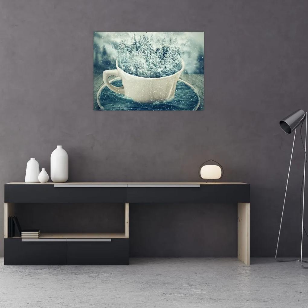 Sklenený obraz - Zimný svet v hrnčeku (70x50 cm)