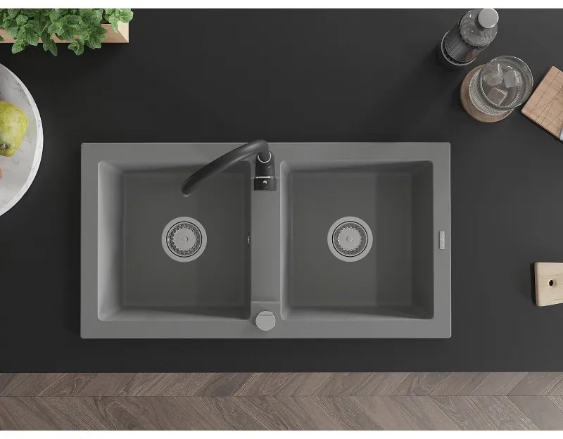 Mexen Mario, 2-komorový granitový drez 820x436x161 mm a čierna drezová batéria Telma, šedá, 6504-71-670200-70
