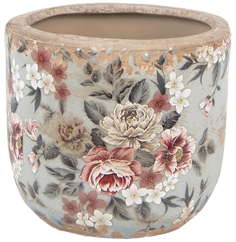 Šedý keramický dekoračný kvetináč s kvetmi Floria M - Ø 14*13 cm