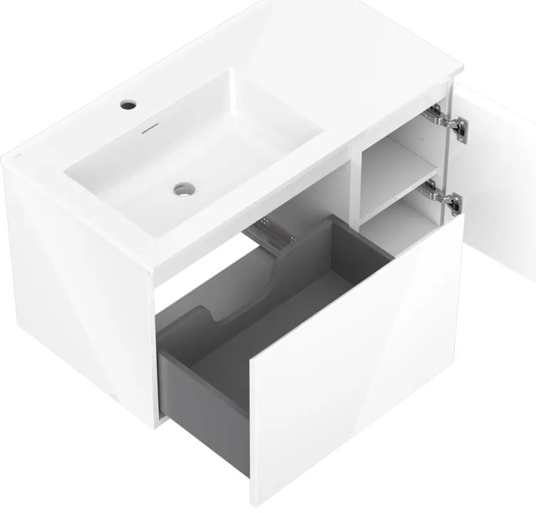 Mexen Orio, kúpeľňová skrinka 90 cm s umývadlom Otis ľavá, 1S, 1D, biela lesklá, 91A13-09047-3-BBFF00-W18L00