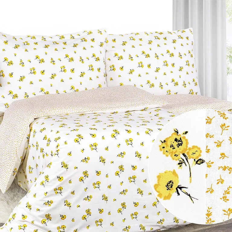 Goldea bavlnené posteľné obliečky - vzor 951 žlté kvety a kvítí na bielom 140 x 220 a 70 x 90 cm