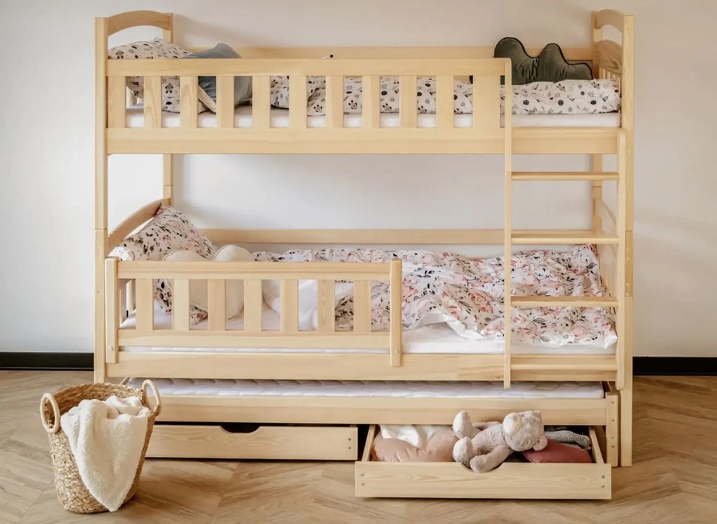 Detská poschodová posteľ z masívu borovice BOHDANA s prístelkou a šuplíky - 200x90 cm - PRÍRODNÁ BOROVICA