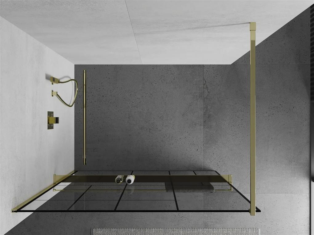 Mexen Kioto+, sprchová zástena s poličkou a držiakom na uteráky 80 x 200 cm, 8mm číre sklo vzor čierny, zlatý profil, 800-080-121-50-78