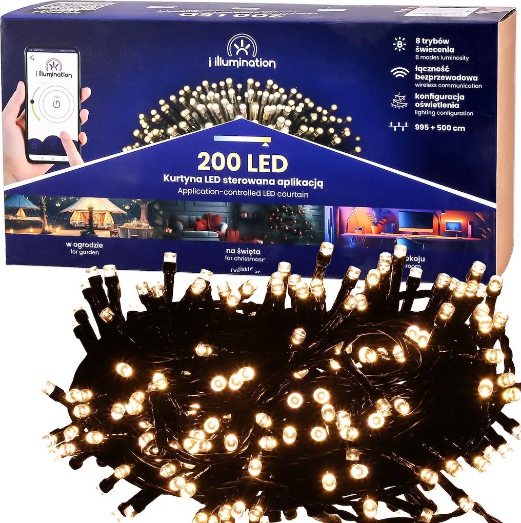 JU Svetelná reťaz SMART s 200 LED, teplá biela, napájanie zo siete, vonkajšie použitie