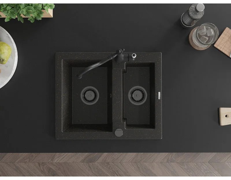 Mexen Carlos, granitový drez 582x475x177 mm, 1,5-komorový a drezová batéria Carla, čierna-zlatá metalíza, 6518-75-670700-70-B
