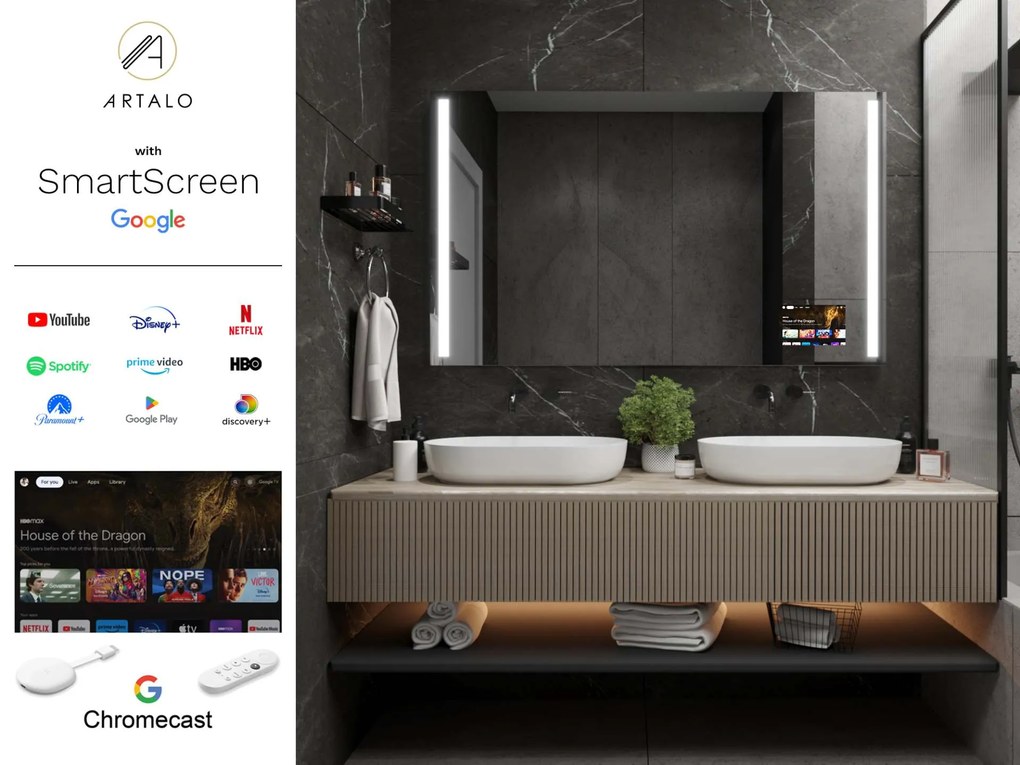 SMART Zrkadlo do kúpeľne s LED osvetlením M4 premium + SmartScreen with Google Chromecast